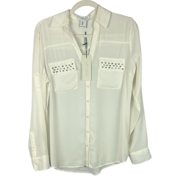 Rachel Zoe Tops - Rachel Zoe Casual White Button-Up Blouse with Metal Detail Size Large